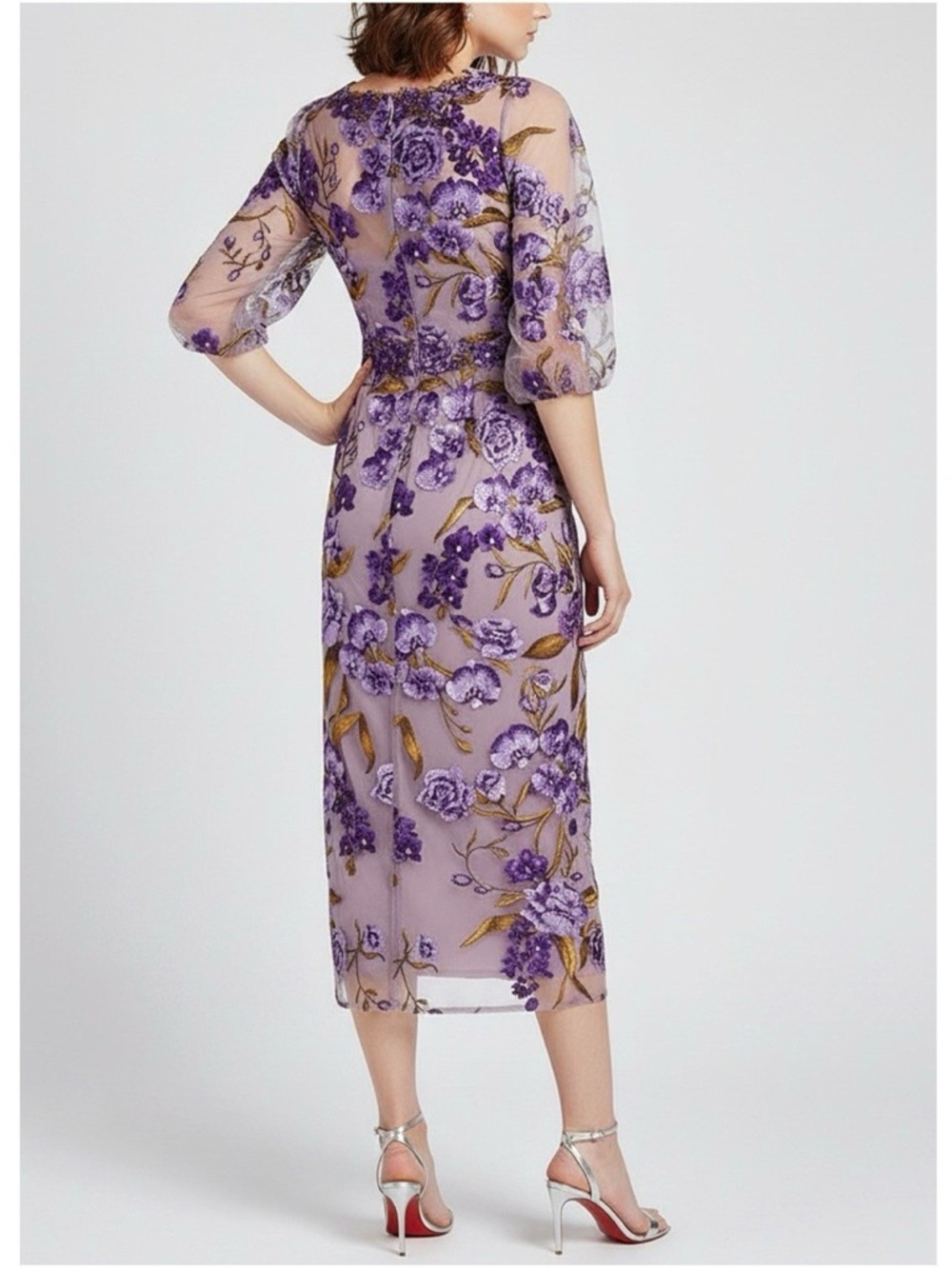 MARCHESA NOTTE Orchid & Rose Embroidered Tulle Cocktail Dress, Purple, 2 (US) - Picture 4 of 12
